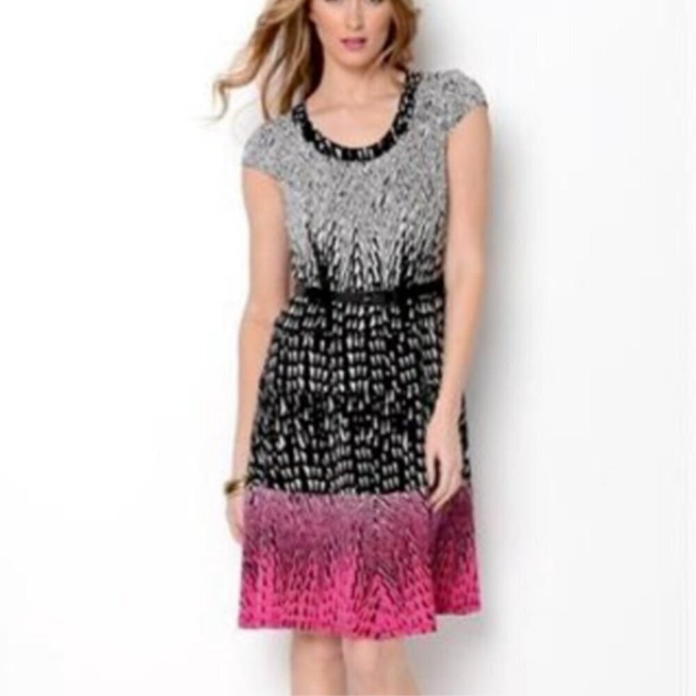 Anne‎ Klein Fit & Flare Tier Dress Black White & Pink Cap Sleeve Sz 6 #354R